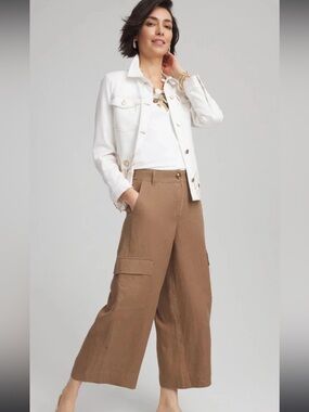 Chico's 100% Linen Wide-Leg Cropped Cargo Pants Size 2 or 12 Summer Gaucho Beach